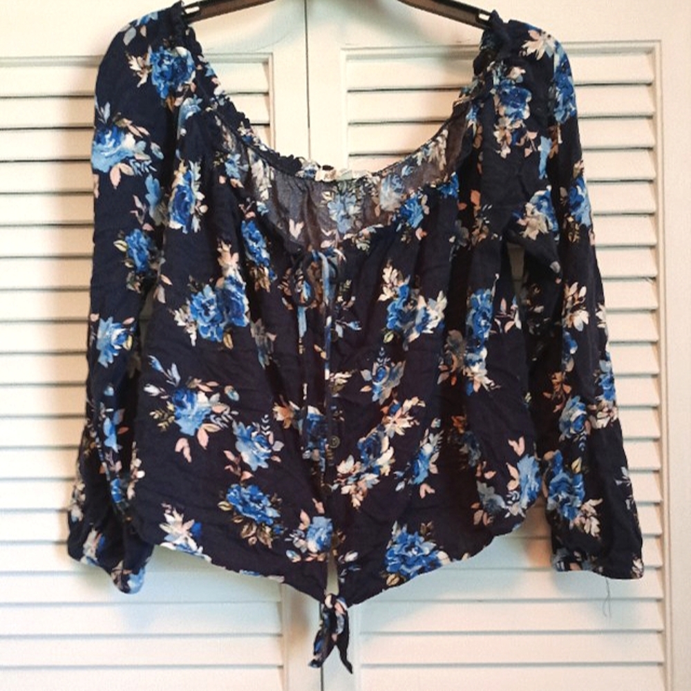 💙Jolt Navy Floral Cropped Boho Tie Front Top (XL)💙